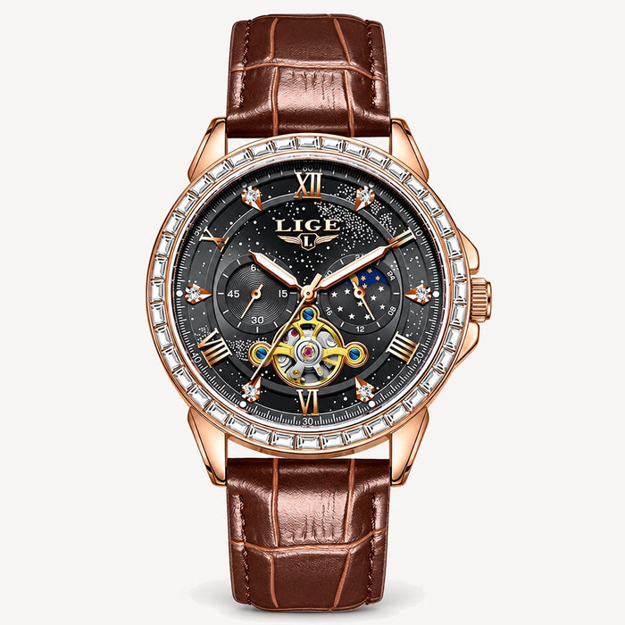 Men's Moon Phase Automatic Watch with Tourbillon-Style Opening