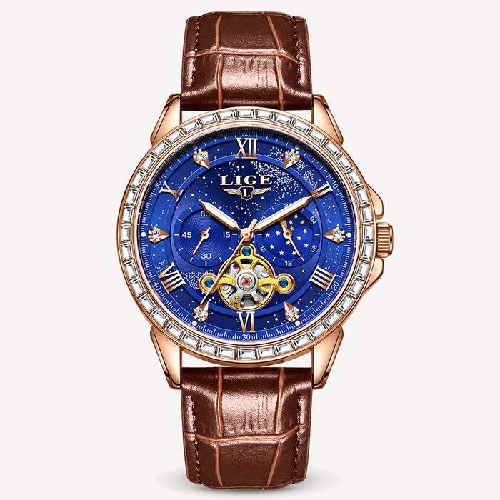 Men's Moon Phase Automatic Watch with Tourbillon-Style Opening
