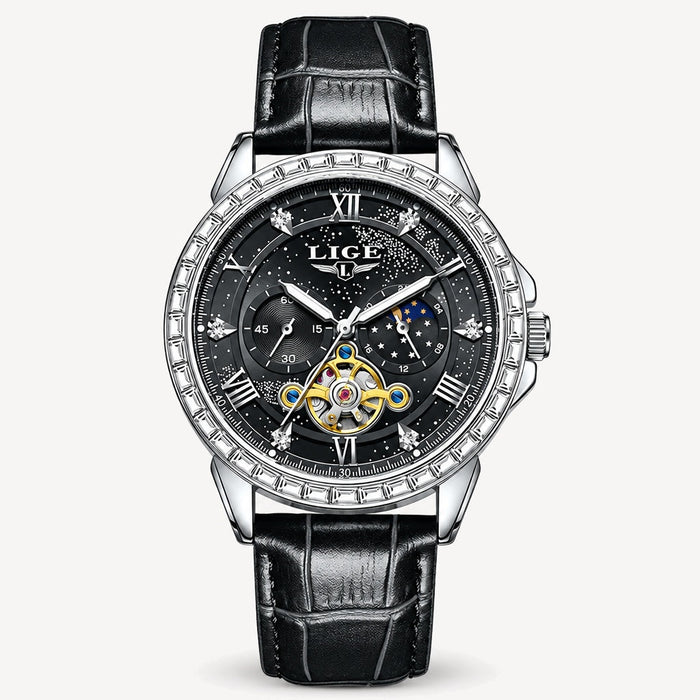 Men's Moon Phase Automatic Watch with Tourbillon-Style Opening