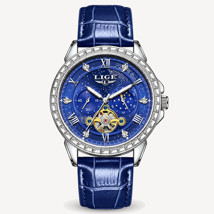 Men's Moon Phase Automatic Watch with Tourbillon-Style Opening