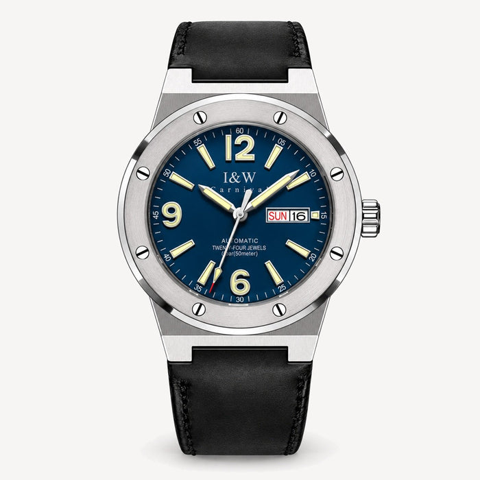 Men's Automatic Watch with Day-Date Display and Leather Strap