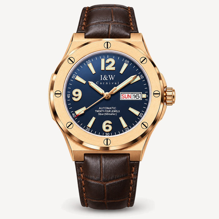 Men's Automatic Watch with Day-Date Display and Leather Strap