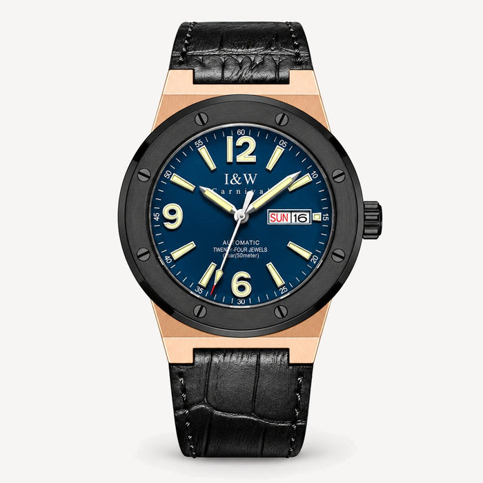 Men's Automatic Watch with Day-Date Display and Leather Strap