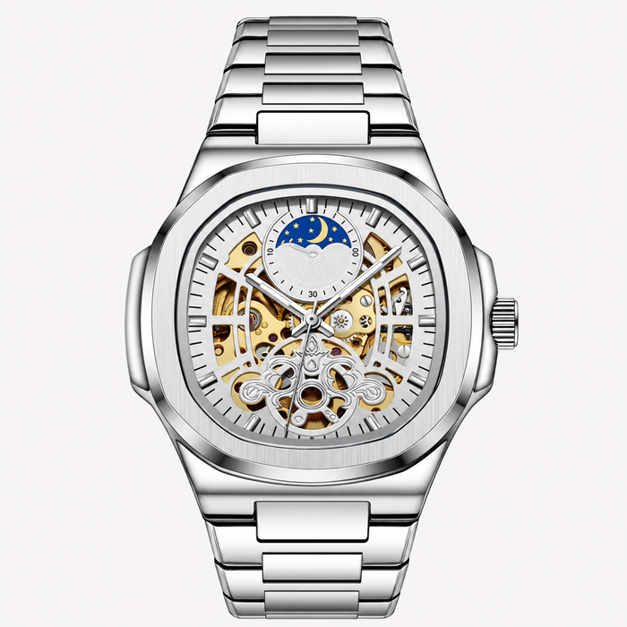 Men's Skeleton Watch Square Case Moon Phase Dial