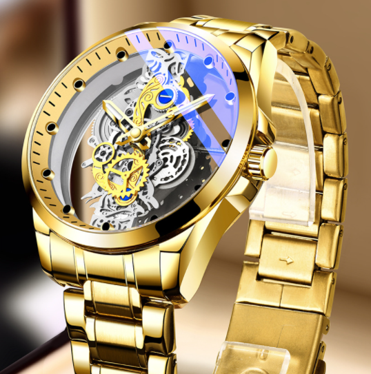 Men's skeleton dial watch with luminous hands
